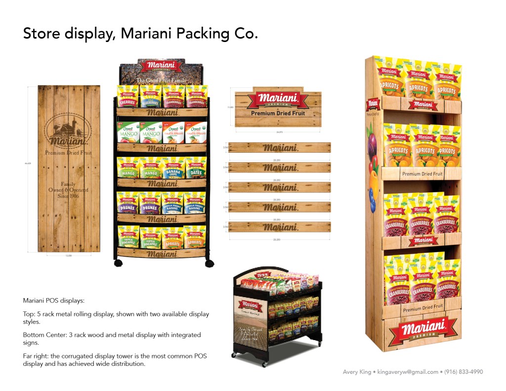 Mariani POS displays: Top: 5 rack metal rolling display, shown with two available display styles. Bottom Center: 3 rack wood and metal display with integrated signs. Far right: the corrugated display tower is the most common POS display and has achieved wide distribution.